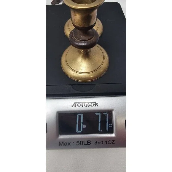 Vintage Pair of MCM Teak Wood & Brass Candle Stick Holders Tapered 3.5" - Picture 12 of 12